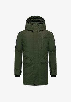 Groene, middellange parka met een capuchon, voorzien van een ritssluiting op de borst, twee voorkeurszakken en ribgebreide manchetten. Glad textuur, waterdicht materiaal.