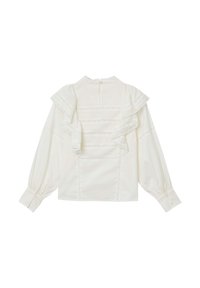Blusa bianca a maniche lunghe con dettagli in pizzo arricciato sul retro e polsini con bottoni, caratterizzata da righe di pizzo orizzontali.