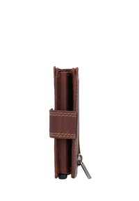 Brown leather wallet featuring a zip closure, a pen holder, and visible stitching details. Compact design for portability.