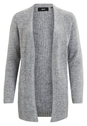 Cardigan tricoté gris clair ouvert sur le devant avec manches longues et texture côtelée sur les panneaux avant et les poignets.