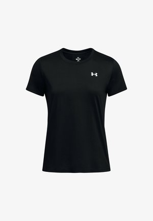 Black short-sleeve t-shirt made of smooth, lightweight fabric. Features a crew neck and a small white logo on the left chest.