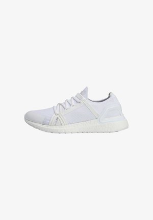 Zapatillas deportivas blancas con parte superior de tejido, líneas texturizadas, suela acolchada y un diseño minimalista con acentos sutiles.