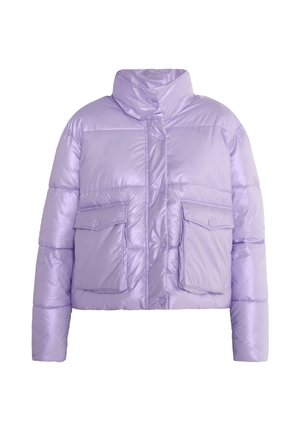Lavender puffer jacket with a high collar, featuring two front patch pockets and snap closures. Smooth, shiny texture with a cropped design.