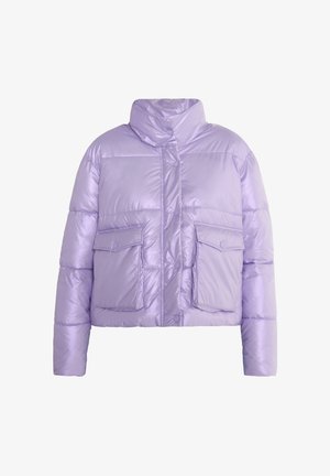 Lavender puffer jacket with a high collar, featuring two front patch pockets and snap closures. Smooth, shiny texture with a cropped design.