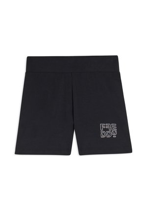 Shorts sportivi neri con cintura ampia e logo bianco "FREDDY" sulla gamba destra in basso.