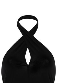Top negro de halter con un diseño de ojal y cuello cruzado. Hecho de una tela suave y elástica con un acabado brillante y reflectante.