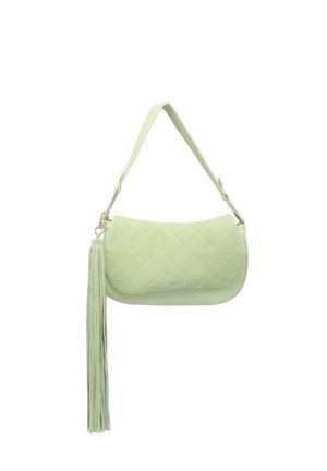 Borsa a tracolla verde chiaro trapuntata con tracolla corta e lunga nappina coordinata attaccata da un lato.