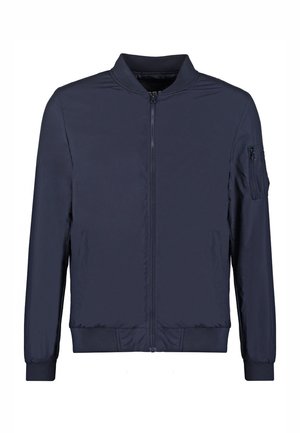 Tumesinine bomberjakk esiluku ja soonikkoelaste kaeluse, mansettide, ääre ja vasakpoolse lukuga taskuga varrukal.