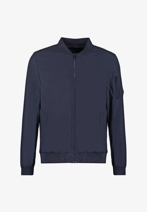 Granatowa kurtka bomberka z przednim zamkiem błyskawicznym, ściągaczem przy kołnierzu, mankietach i dole oraz kieszenią na lewym rękawie zamykaną na zamek.