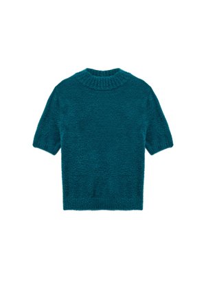 Pull à manches courtes teal en tissu texturé et duveteux, avec un col rond côtelé. Ourlet droit sans motifs ni accents visibles.