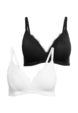 To trådløse bh'er med blondekant, en sort og en hvid, begge med justerbare skulderstropper og V-formet udskæring.