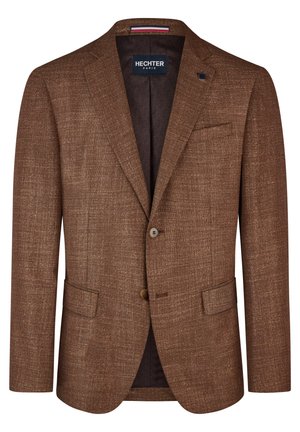 Brauner strukturierter Blazer mit zwei Fronttaschen, Ein-Knopf-Verschluss und Reverskragen. Das Innenfutter weist ein gemustertes Design auf. Marke: Hechter Paris.