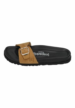 Black slide sandal with a thick tan suede strap and silver buckle across the top, featuring a contoured footbed and textured sole.