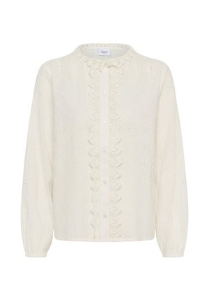 Blouse à manches longues couleur crème avec un motif délicat en œillets, bordure en dentelle le long de la patte de boutonnage et encolure ronde festonnée.