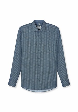 Blaues langärmliges Hemd mit Knopfleiste, kleinem sich wiederholendem geometrischem Muster und spitzem Kragen, taillierte Passform.