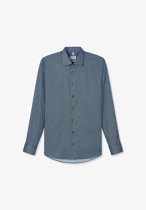 Blauw overhemd met lange mouwen, knoopsluiting, een klein herhalend geometrisch patroon en puntige kraag, getailleerde pasvorm.
