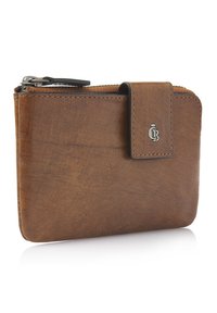 Brown leather wallet with a smooth texture, rectangular shape, zip closure, and a logo accent on the front. Compact and functional design.