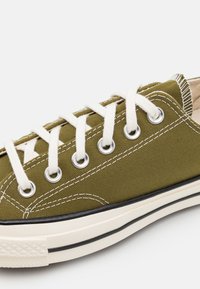 Zielony tenisówka na płótnie z białymi oczkami i sznurówkami. Trwały materiał, gumowa podeszwa z czarno-białym paskiem oraz kontrastującymi przeszyciami.