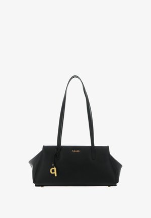 Black handbag made of textured material, featuring short handles, a gold logo, and a gold accent with a decorative charm.
