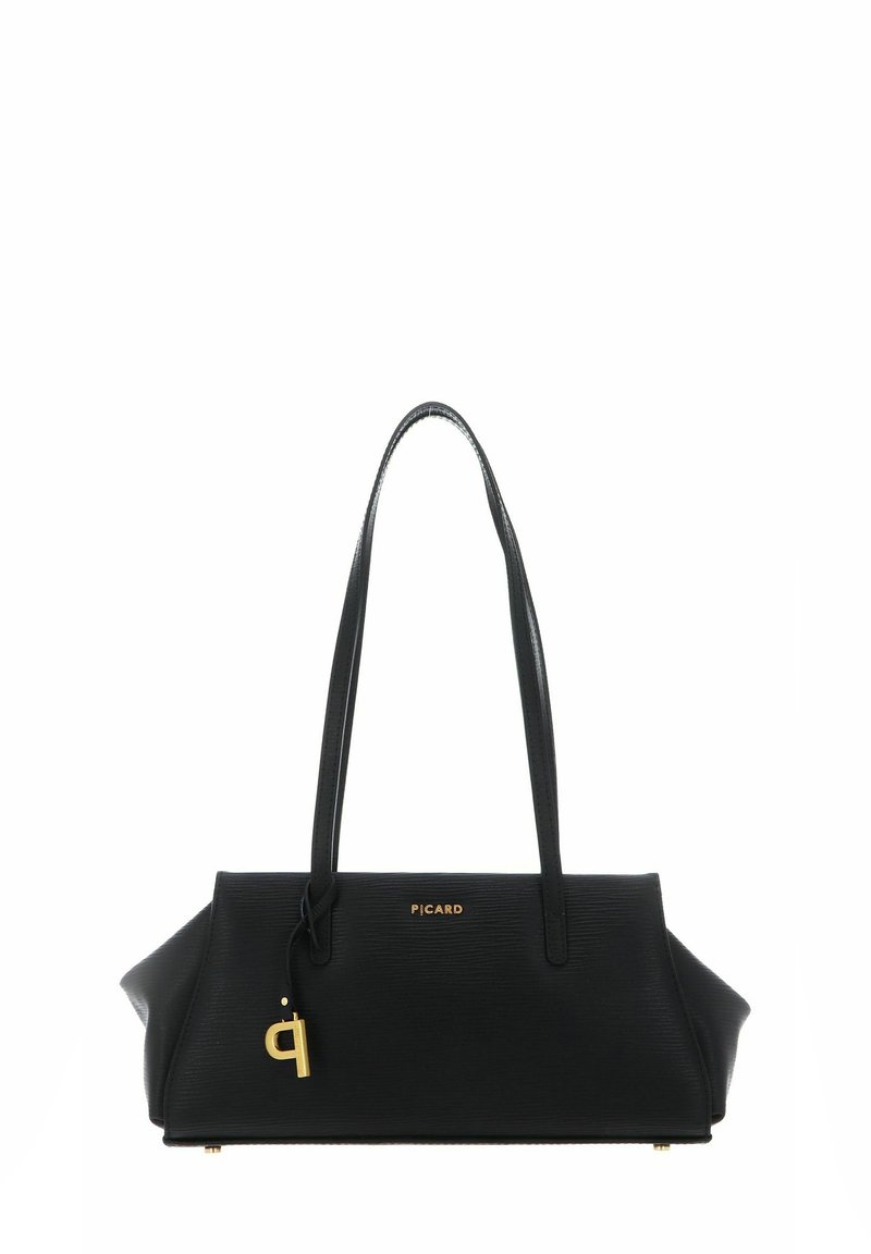 Sac à main noir en matériau texturé, doté de poignées courtes, d'un logo doré et d'un accent doré avec un charm décoratif.