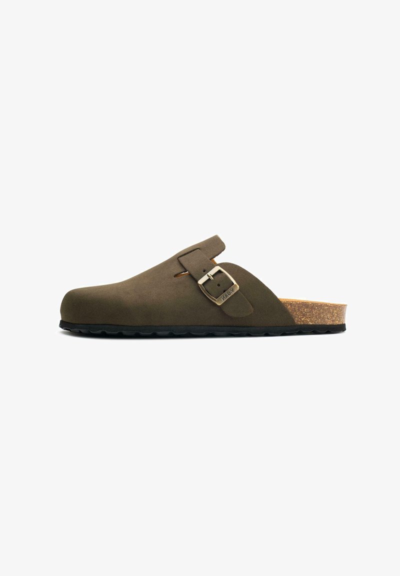 Olive green suede slip-on clog with a cork sole, featuring a metal buckle and cut-out design on the side for breathability.