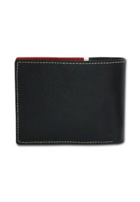 Portefeuille en cuir noir avec un intérieur rouge, présentant des coutures blanches, une forme rectangulaire simple, et sans matériel ni motifs supplémentaires.