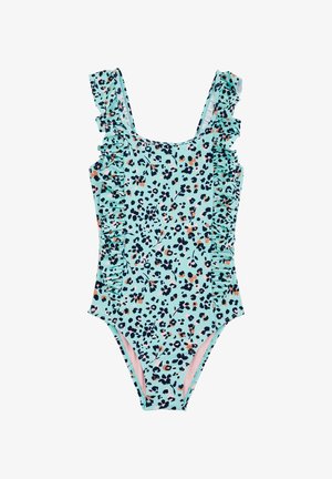 Én-dels badedragt i lys aqua med et sort og pastelfarvet blomsterdesign. Har flæser på skulderstropperne og samlede sidepartier for ekstra detaljer.