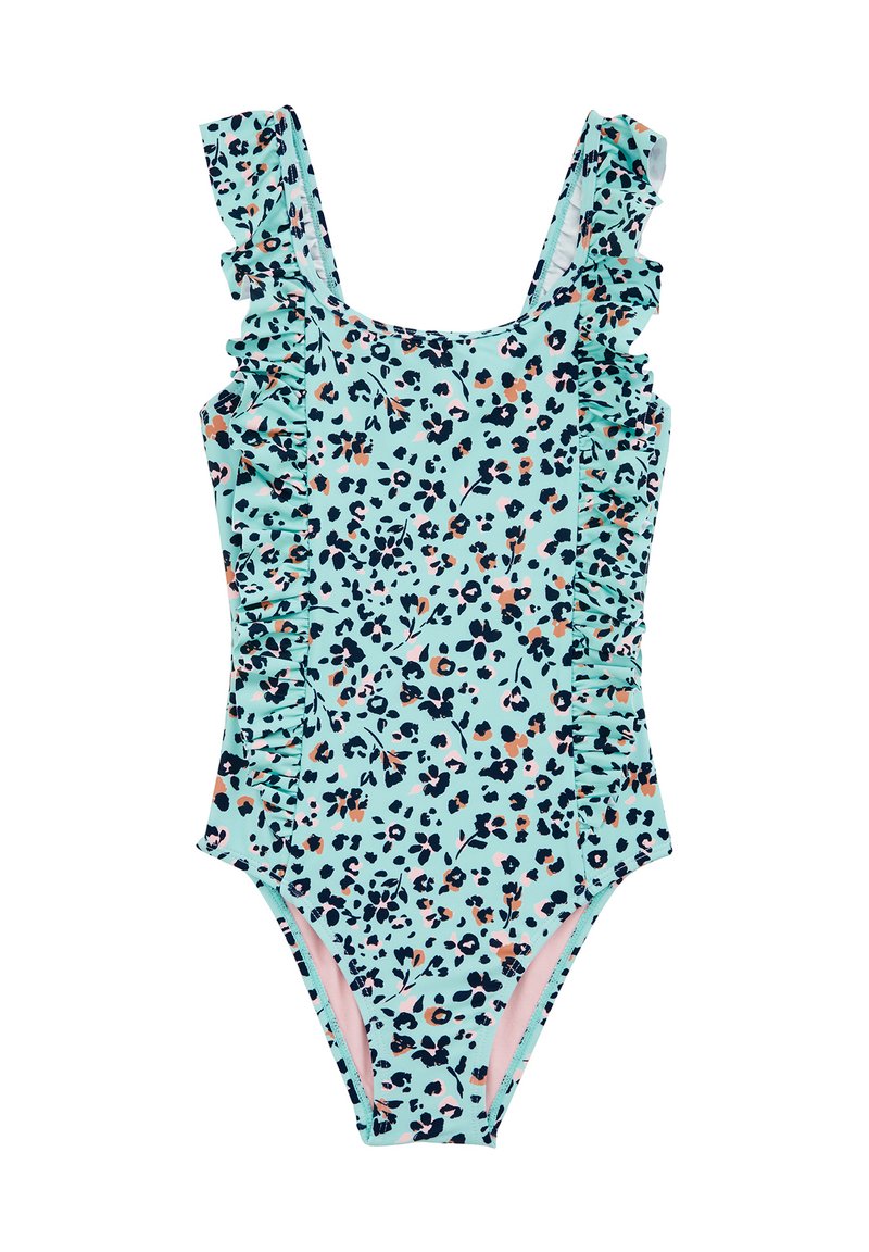 En fodrad baddräkt i ljus akvamarin med ett svart och pastellfärgat blommönster. Utrustad med volanger på axelbanden och sidofållning för extra detaljer.