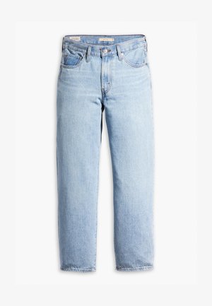 Lyseblå højtaljede straight-leg denimjeans med bæltestropper, frontknap, lynlåslukning og fem lommer.