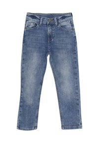Ljusblå denimjeans med slim fit, fem fickor och knappstängning. Blekt finish och sydda detaljer längs sömmarna.