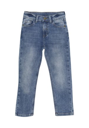 Lichtblauwe denim jeans met een slanke pasvorm, vijf zakken en een knoopsluiting. Vervaagde afwerking en gestikte details langs de naden.