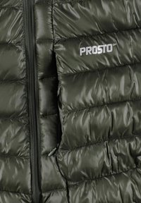 Kurtka puchowa w ciemnozielonym kolorze z pikowanym wzorem, wyposażona w zamek błyskawiczny z przodu oraz widoczne logo na klatce piersiowej w jasnoszarym kolorze.