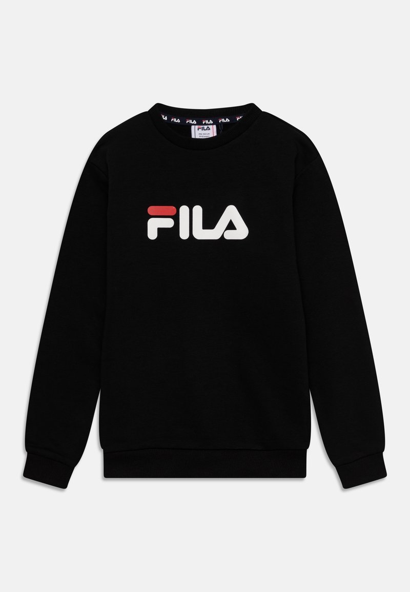 Sweat-shirt noir à manches longues, col rond, avec un logo "FILA" blanc et rouge sur le devant. Tissu lisse et poignets côtelés.