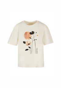 Short-sleeved cream t-shirt featuring a floral design with black, orange, and beige accents. Made from a soft cotton blend.