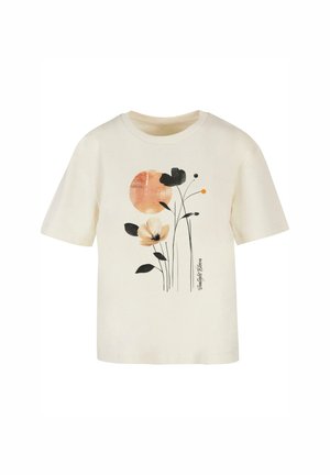 Krátky rukáv krémového trička s kvetinovým motívom v čiernej, oranžovej a béžovej farbe. Vyrobené z jemného bavlneného zloženia.