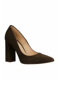 Hnědé semišové lodičky na vysokém podpatku s špičatou špičkou a blokovým podpatkem. Hladký povrch a vnitřek v kontrastní světlé barvě.