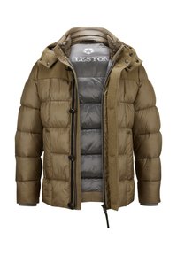 Damen gefütterte Jacke in Olivgrün mit grauem Innenfutter, Reißverschluss und Knopfverschlüssen, verstellbare Kapuze und weichen, strukturierten Stoffakzenten.