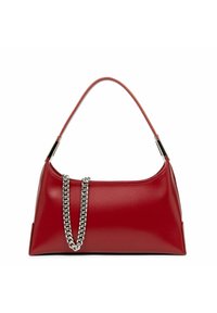 Borsa a tracolla in pelle rossa con parte superiore curva, dotata di una catena e una finitura liscia e lucida. Forma compatta con una base strutturata.