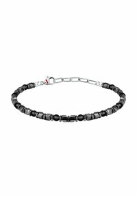 Bracciale in perline nere e grigie con motivi geometrici, accenti metallici e una catena argentata con chiusura a gancio.