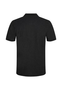 Black short-sleeve polo shirt featuring a classic collar and a smooth, textured fabric. Back view shows simple design with no embellishments.