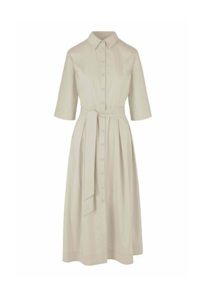 Lichtbeige midi overhemdjurk met halflange mouwen, knopen aan de voorkant, kraag en bijpassende stoffen ceintuur gestrikt in de taille.