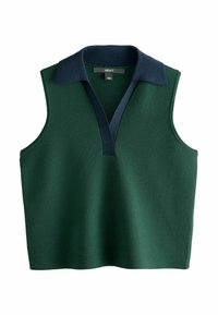 Haut sans manches vert avec un col marine et un design en V. Fabriqué en tissu texturé, il présente une coupe moderne et épurée sans manches.