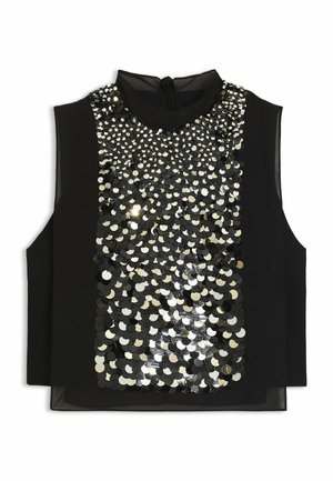 Haut sans manches noir avec un col haut et un devant orné de sequins noirs et argentés, créant un design texturé et réfléchissant.