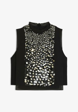 Top senza maniche nero con collo alto e fronte decorata con paillettes nere e argentate, che crea un design testurizzato e riflettente.