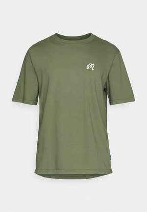 Olive green cotton t-shirt with short sleeves, crew neck, and a small white logo on the left chest. Side hem has a small label.