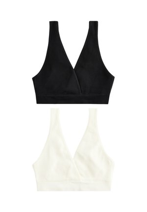 Bralette noir côtelé avec un décolleté en V et des bretelles larges, présentant un style croisé à l'avant, avec une texture lisse et un minimum d'éléments métalliques.