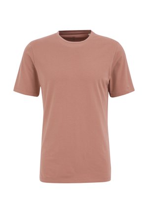 Lühikese varrukaga ringkaelusega t-särk tuharoosa värviga, valmistatud siledast puuvillakangast, omades lihtsat ja puhtat disaini ning ilma nähtavate mustrite või aktsendita.