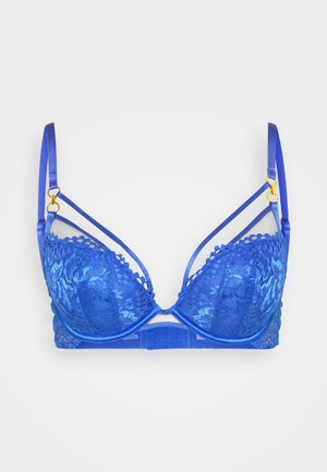 Sutiã azul rendado com copas acolchoadas, padrão floral, detalhes transparentes, alças de cetim ajustáveis e detalhes em dourado.