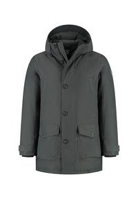 Donkergrijze geïsoleerde winterjas met capuchon, knopen aan de voorkant, rits en meerdere zakken met kleppen en drukkers.