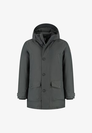 Donkergrijze geïsoleerde winterjas met capuchon, knopen aan de voorkant, rits en meerdere zakken met kleppen en drukkers.